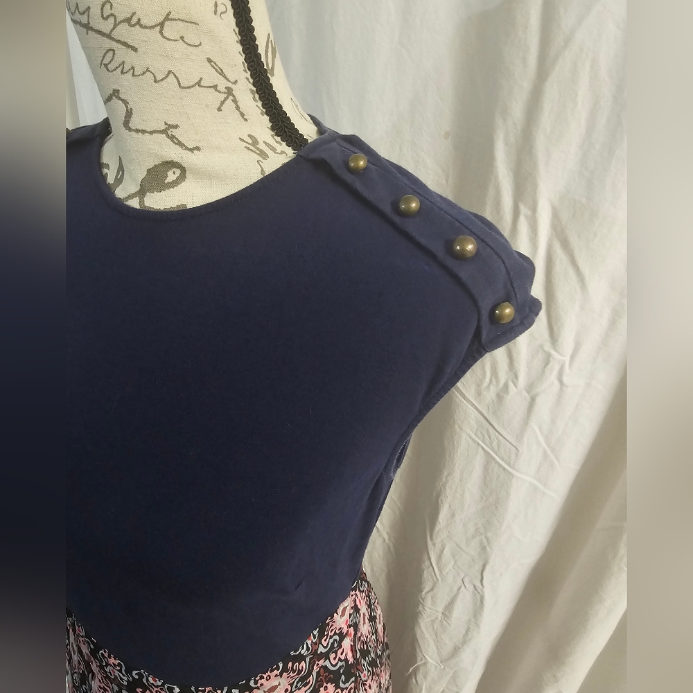 eShakti Blue and Pink A-Line Dress Knee-Length Casual - Picture 2 of 5